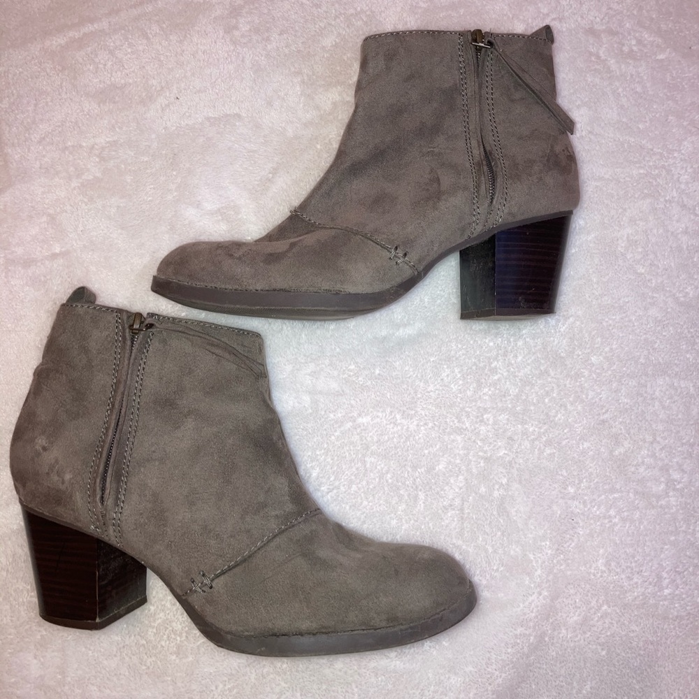 Gray booties with 1 1/2- 2 inch heel